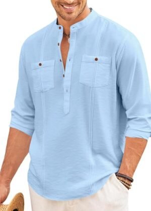 Cotton Blend Solid Casual Short Kurta for Men Long Sleeve Mandarin Collar Stylish Shirt Kurta – Sky
