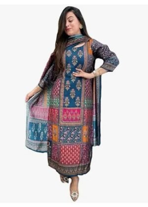 Womens Silk Blend Straight Printed Kurta with Pant Dupatta
