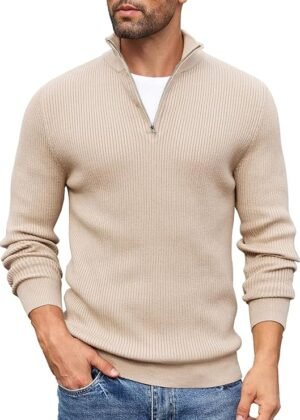 Men High Neck Zipper Full Sleeve Cotton Knitted Winter Sweater