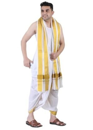 Men Cotton Panjakejam (Ready To Wear) Casual Style Dhoti Towel Set With Pocket – White