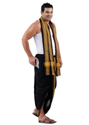 Men Cotton Panjakejam (Ready To Wear) Casual Style Dhoti Towel Set With Pocket – Black