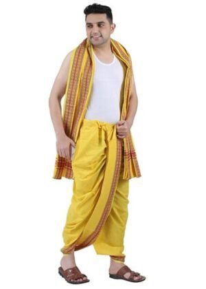 Men Cotton Panjakejam (Ready To Wear) Casual Style Dhoti Towel Set With Pocket – Yellow
