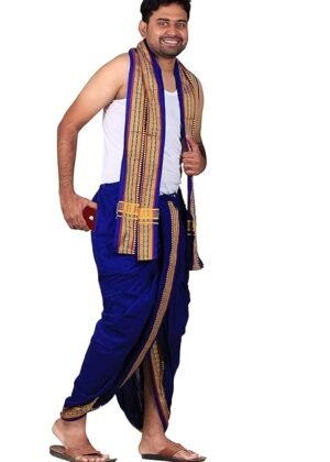 Men Cotton Panjakejam (Ready To Wear) Casual Style Dhoti Towel Set With Pocket – Blue