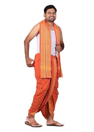 Men Cotton Panjakejam (Ready To Wear) Casual Style Dhoti Towel Set With Pocket – Light Kaavi
