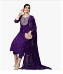 Women’s Cotton Blend Embroidered Kurta Set with Pant Dupatta – Straight Calf‑Length, 3/4 Sleeve, Round Neck – Elegant Ethnic Attire