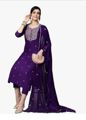 Women’s Cotton Blend Embroidered Kurta Set with Pant Dupatta – Straight Calf‑Length, 3/4 Sleeve, Round Neck – Elegant Ethnic Attire