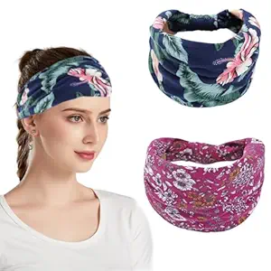 Headbands for Women Bohemian Head Bands Premium Stretchy Hair Accessories,Wear for Yoga, Fashion, Working Out, Travel or Running (Blue+Red,2 Pcs)