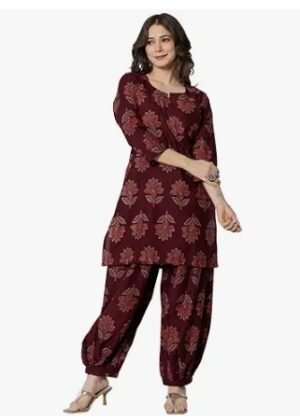 Womens Pure Cotton Printed Straight Kurta Set with Palazzo Pants Ethnic Wear, Maroon