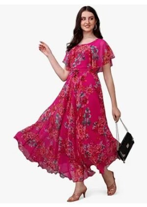 Womens Georgette Floral Digital Print Short Sleeve Full-Length Fit Flare Long Gown Dress for Girls
