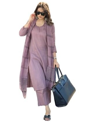 Womens Rayon Blend Solid Straight Kurta with Pant Dupatta Purple