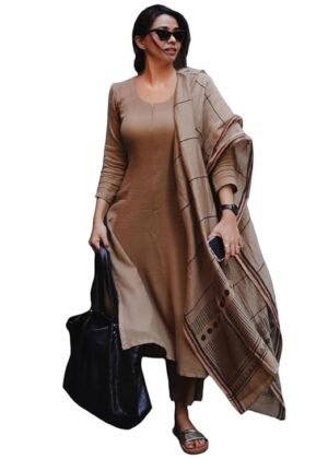 Womens Rayon Blend Solid Straight Kurta with Pant Dupatta Beige