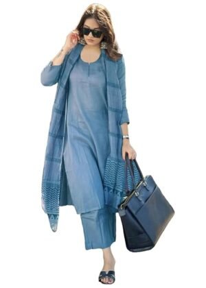Womens Rayon Blend Solid Straight Kurta with Pant Dupatta Light Blue