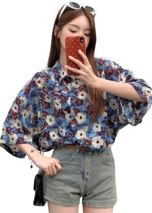 Women Crepe Oversized Shirt Korean Casual Short Sleeve Loose Fit Top | Summer Wear – Blue
