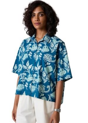 Women Crepe Oversized Shirt Korean Casual Short Sleeve Loose Fit Top | Summer Wear – Blue 01