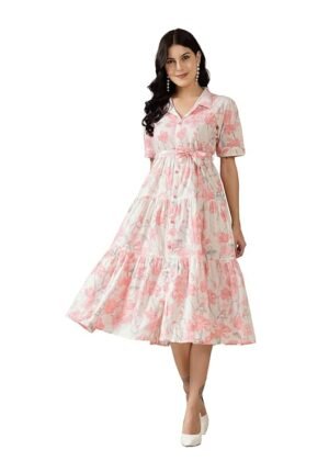 Womens Floral Printed Cotton Flared Maxi Dress (Baby Pink)