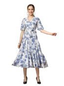 Womens Floral Printed Cotton Flared Maxi Dress (Blue)