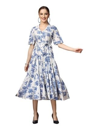 Womens Floral Printed Cotton Flared Maxi Dress (Blue)