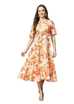 Womens Floral Printed Cotton Flared Maxi Dress (Orange)