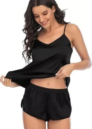 Sleep Tops & Shorts Set for Women’s Regular Nightwear Dress (Black)