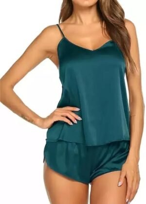 Sleep Tops & Shorts Set for Women’s Regular Nightwear Dress (Green)