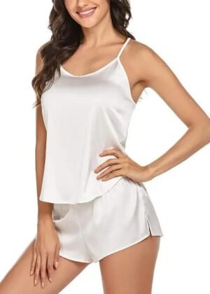 Sleep Tops & Shorts Set for Women’s Regular Nightwear Dress (White)