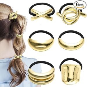6 Pcs Hair Cuffs for Ponytails, Metal Hair Tie, Geometric Gold Head Wear, Fashionable Bright Surface Gold Ties, Metal Elastic Bands