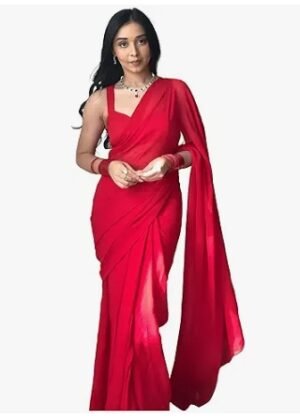 Womens Plain Georgette Ready To Wear One Minute Saree With Unstitched Blouse Piece (Kalki)