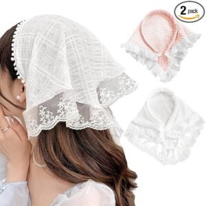 2Pcs Headwear for Girls Stylishly Sweet Lace Headpieces Headscarf Headbands Lovely White Lace Headband Pink Plaid Bow Countryside Headscarf