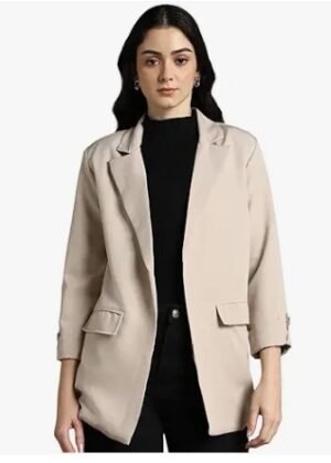 Woman Black Solid Lapel Collar Full Sleeves Regular Fit Blazer