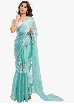Womens Shimmer Chiffon Sequence Embroidery Saree for Wedding Parties With Unstitched Blouse Piece
