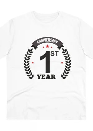 Generic Men's PC Cotton 1st Anniversary Printed T Shirt (Color: White, Thread Count: 180GSM)