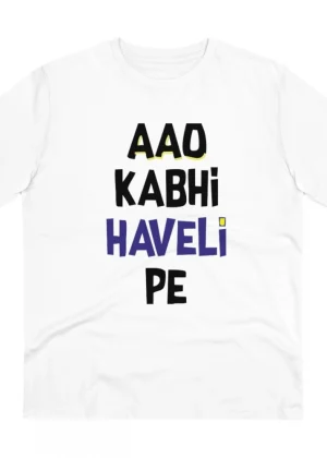 Generic Men's PC Cotton Aao Kabhi Haveli Pe Printed T Shirt (Color: White, Thread Count: 180GSM)