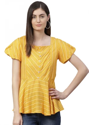 Generic Women's Casual Short Sleeves Stripe Printed Rayon Top (Mustard)
