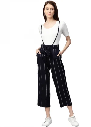 Generic Women's Casual Short Sleeve Striped Rayon Dungaree (Blue)