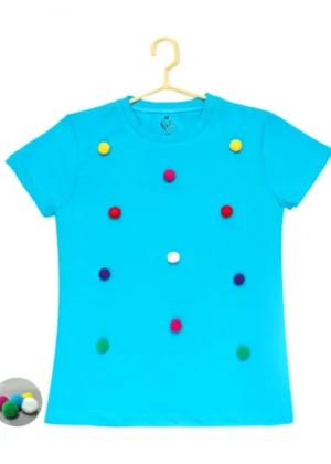Generic Girl's Casual Short Sleeve Pom Pom Balls Cotton T Shirt (Blue)