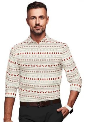 Generic Men's Cotton Blended Printed Full Sleeve Shirt (White-Red)