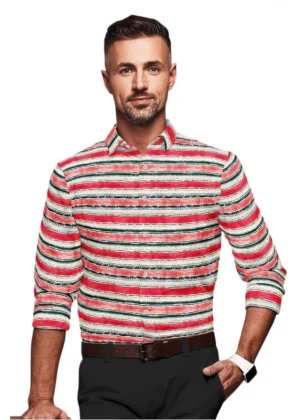 Generic Men's Cotton Blended Striped Full Sleeve Shirt (Red-White)
