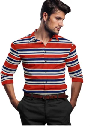 Generic Men's Cotton Blended Striped Full Sleeve Shirt (Red-Blue)