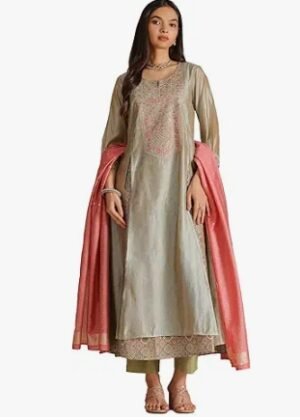 Womens Light Green Chanderi Embroidered Suit Set With Zari