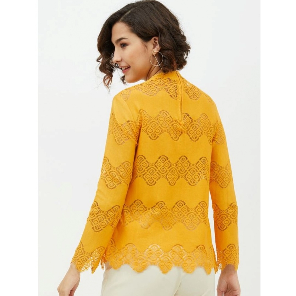 Generic Women's Cotton Lace Inserts Long Sleeves Top (Yellow) - Image 2