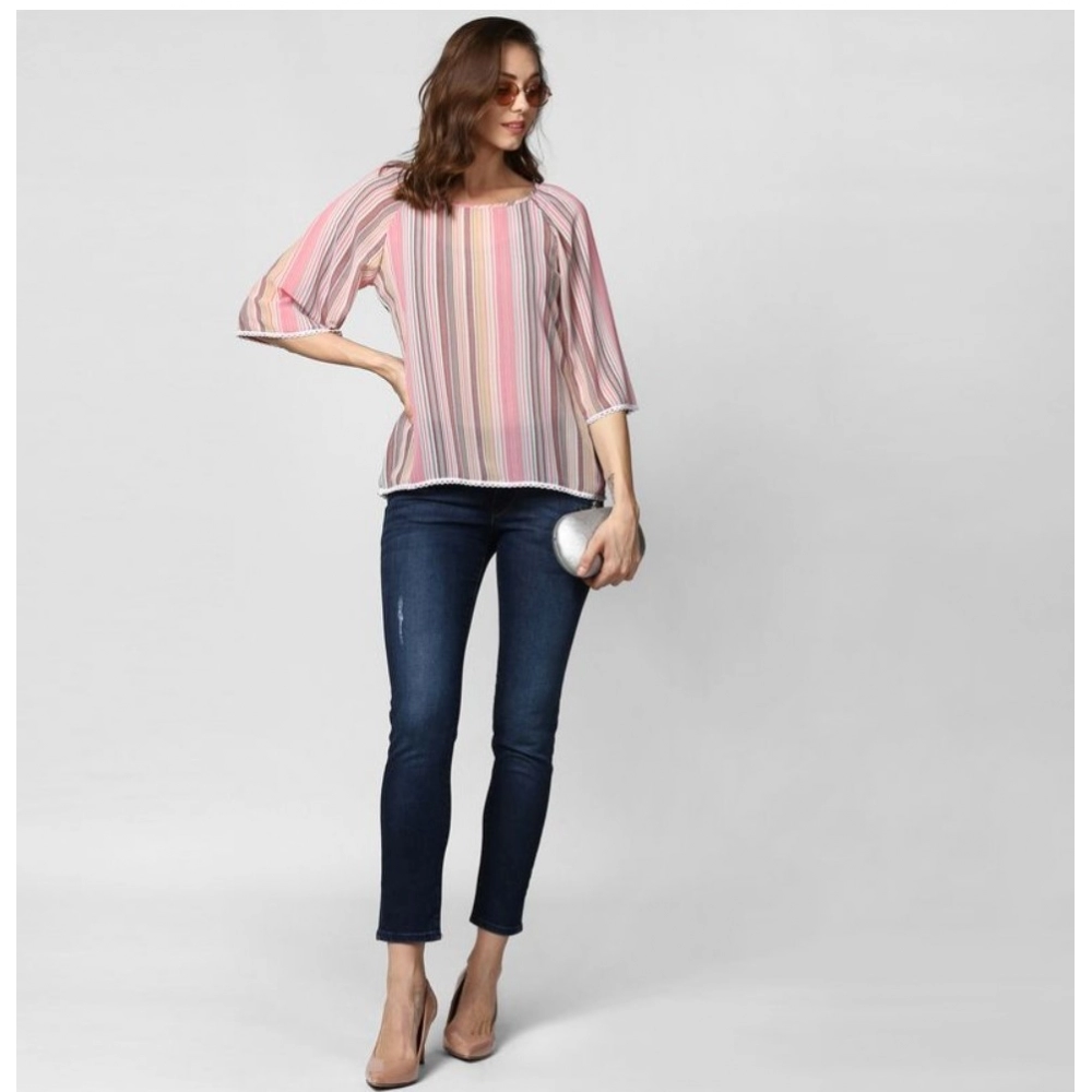 Generic Women's Polyester Striped 3-4th Sleeves Top (Pink) - Image 3