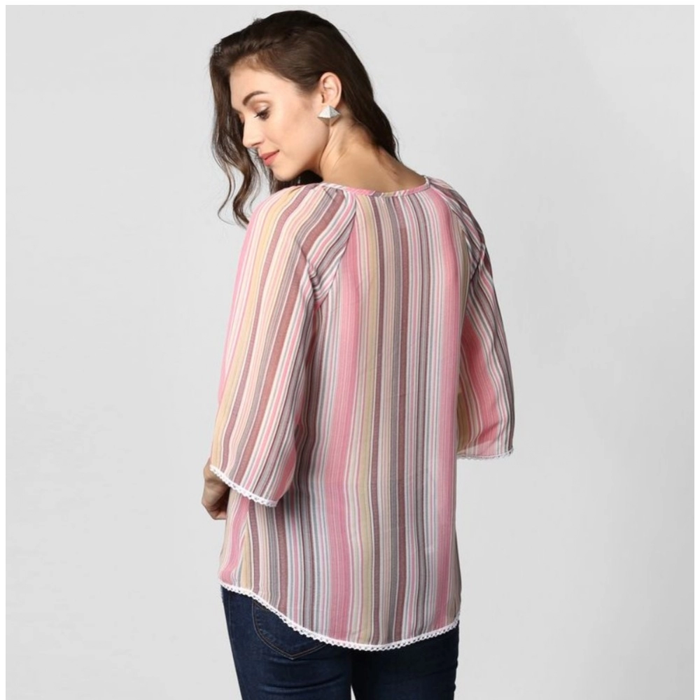 Generic Women's Polyester Striped 3-4th Sleeves Top (Pink) - Image 2