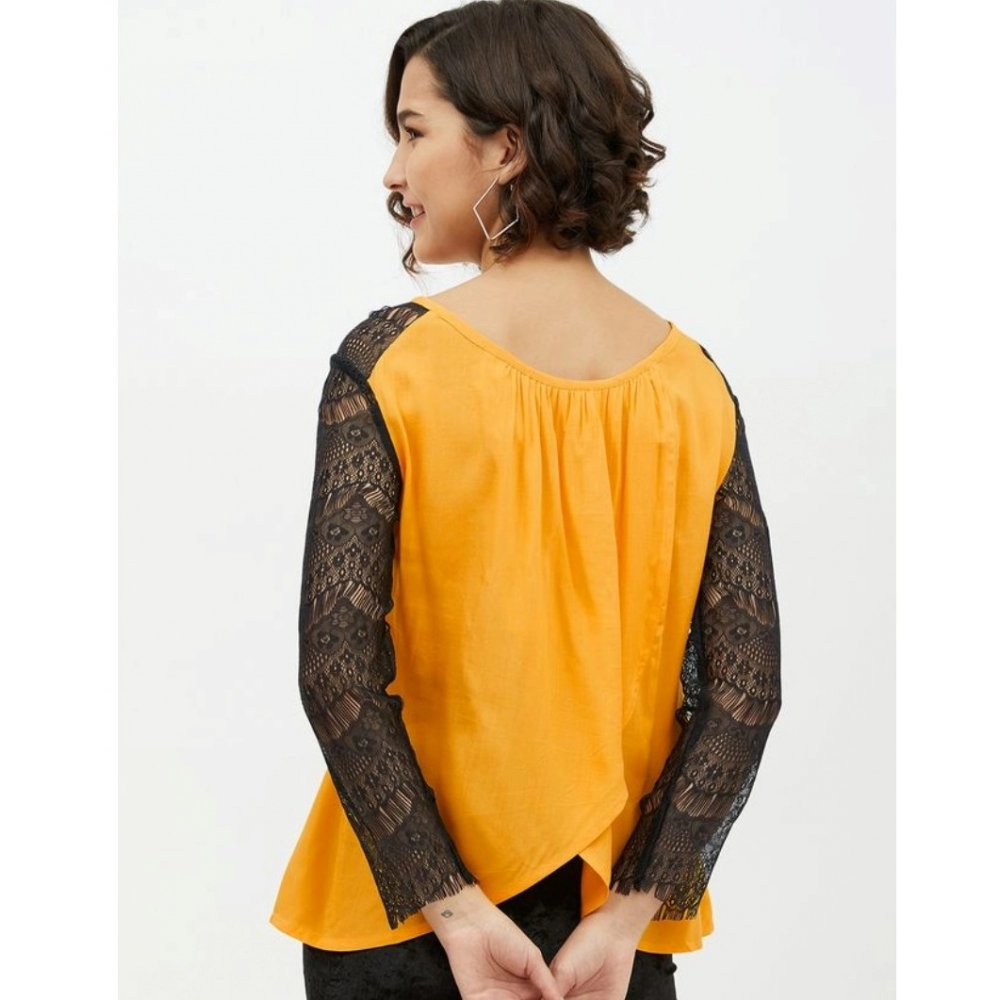 Generic Women's Rayon Lace Inserts Long Sleeves Top (Yellow) - Image 2