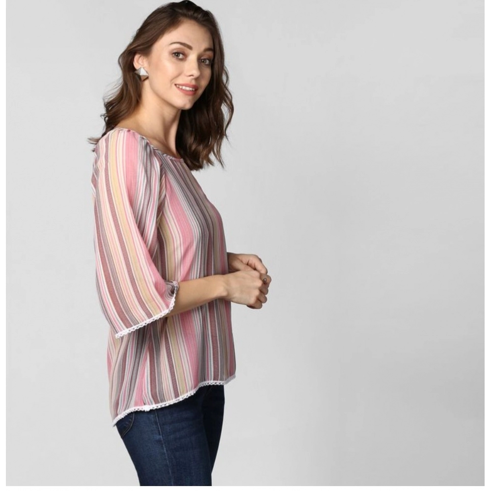 Generic Women's Polyester Striped 3-4th Sleeves Top (Pink) - Image 5