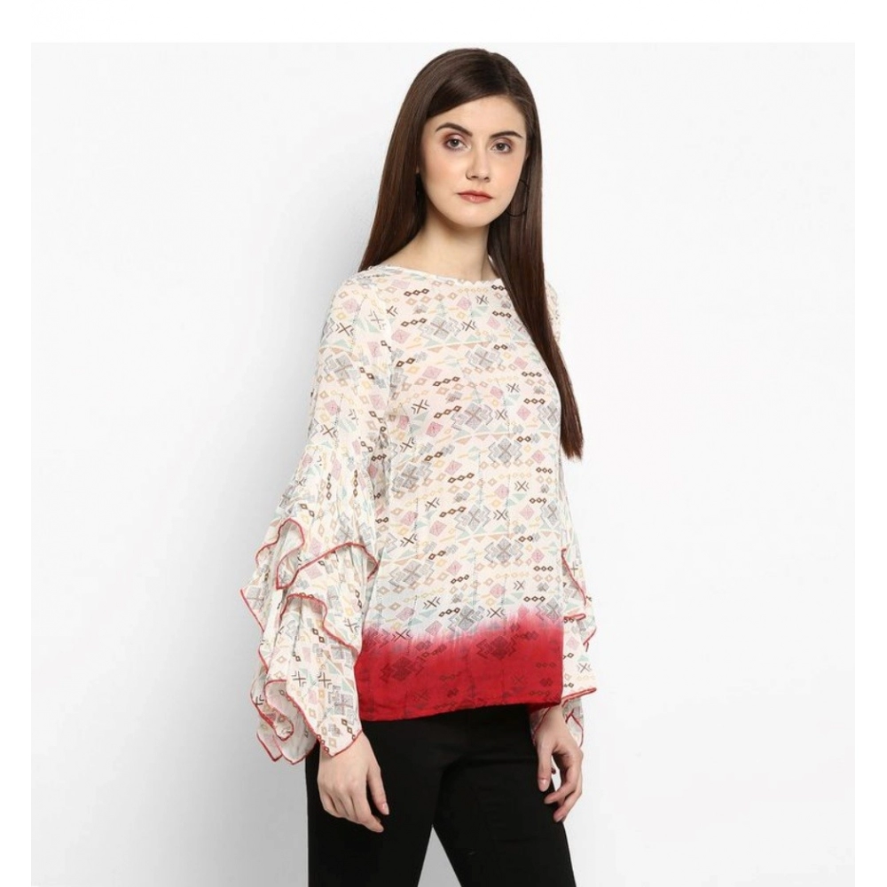 Generic Women's Rayon Crepe Printed Ruffle Sleeve Top (Off White - Red) - Image 5