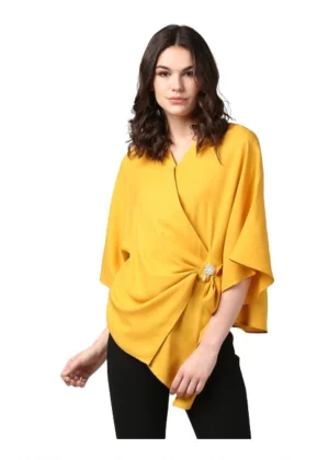 Generic Women's Polyester Solid Cape Sleeve Top (Yellow)