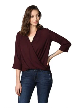 Generic Women's Polyester Solid 3-4th Sleeves Top (Maroon)