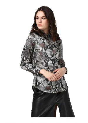 Generic Women's Satin Animal Print Long Sleeves Standard Length Shirt (Black - Grey)