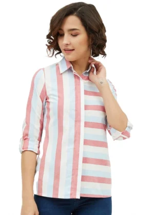 Generic Women's Cotton Striped Long Sleeves Standard Length Shirt (Pink)