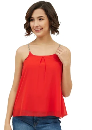 Generic Women's Polyester Embellished Shoulder Straps Top (Red)